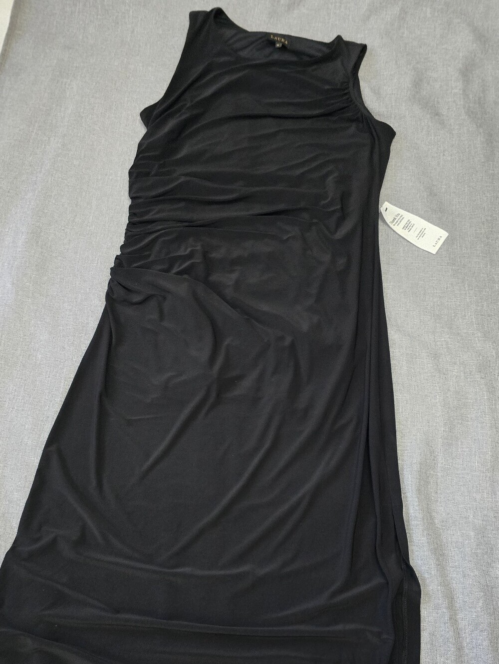 Laura Sleeveless Black Maxi Dress with Side Ruching and One Side Slit Size 14